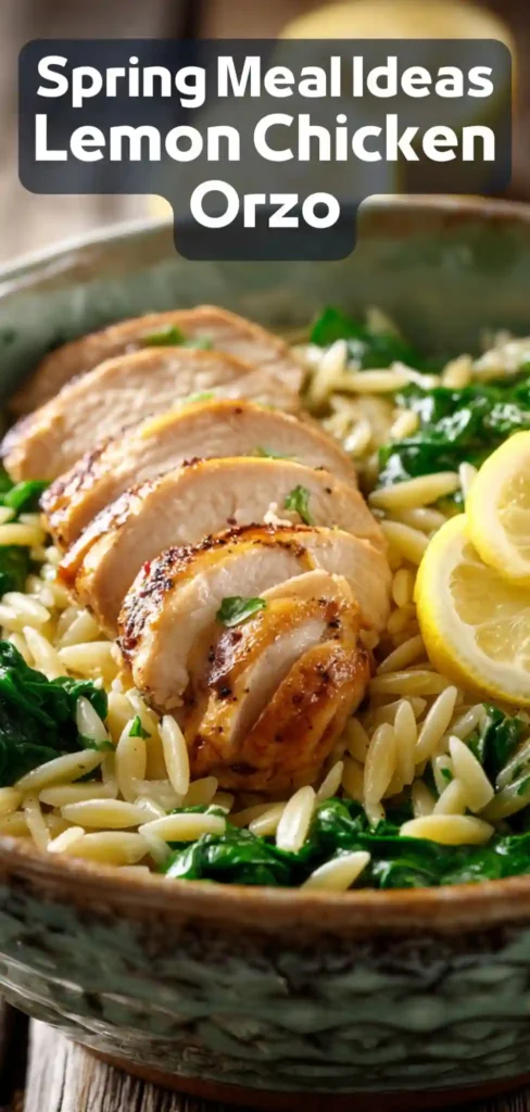 Lemon chicken orzo with spinach in a rustic bowl topped with fresh lemon slices