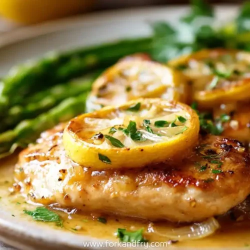 Lemon garlic chicken with asparagus and fresh herbs on plate
