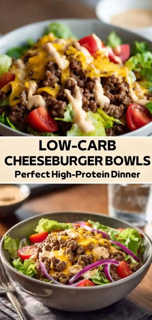 Low carb cheeseburger bowls with seasoned ground beef, melted cheddar, cherry tomatoes, red onion, lettuce and creamy burger sauce