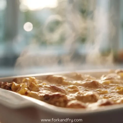 Baked mac and cheese meatloaf casserole in a white ceramic dish with steam rising