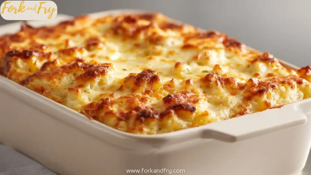 Baked mac and cheese meatloaf casserole with a golden cheesy crust in a white baking dish