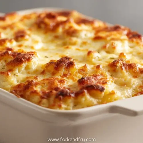 Baked mac and cheese meatloaf casserole with a golden cheesy crust in a white baking dish