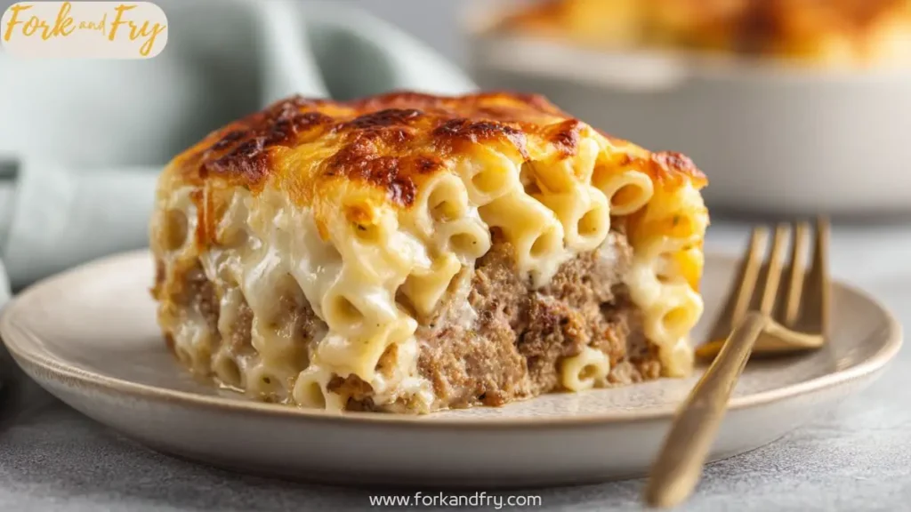 Slice of macaroni meatloaf bake with creamy cheese pasta layers on a plate