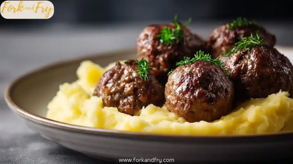 juicy beef meatballs on creamy mashed potatoes garnished with fresh herbs