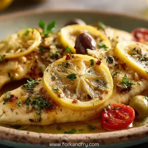 Mediterranean lemon chicken with olives cherry tomatoes and fresh herbs