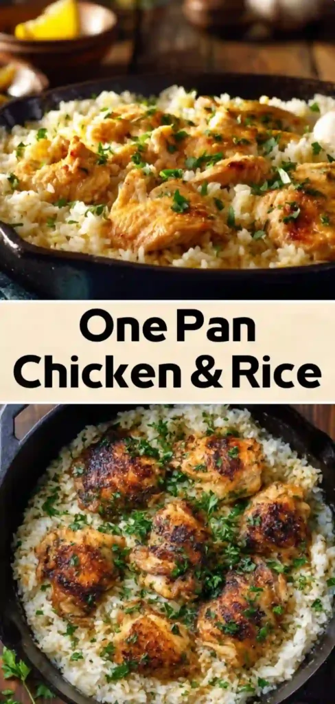 One Pan Chicken and Rice – Easy Skillet Dinner Recipe One pan chicken and rice skillet with golden seared chicken thighs and herbs