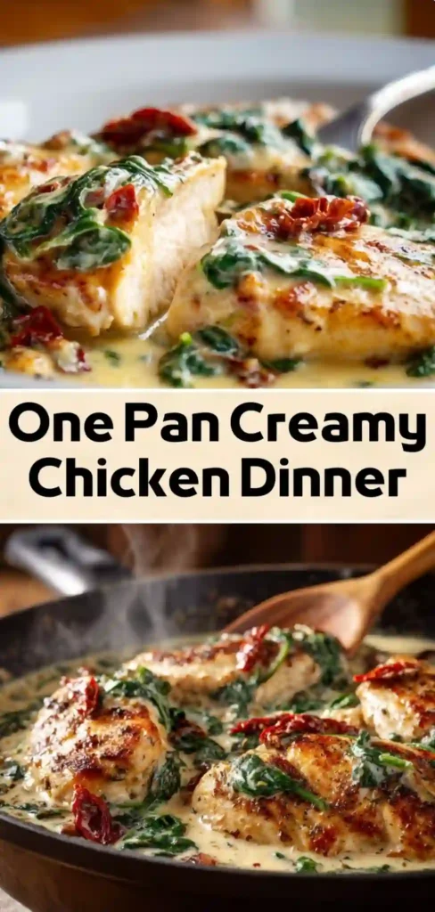 One Pan Creamy Tuscan Chicken Dinner (Easy 30-Minute Recipe) One pan creamy Tuscan chicken with spinach and sun-dried tomatoes in garlic parmesan sauce