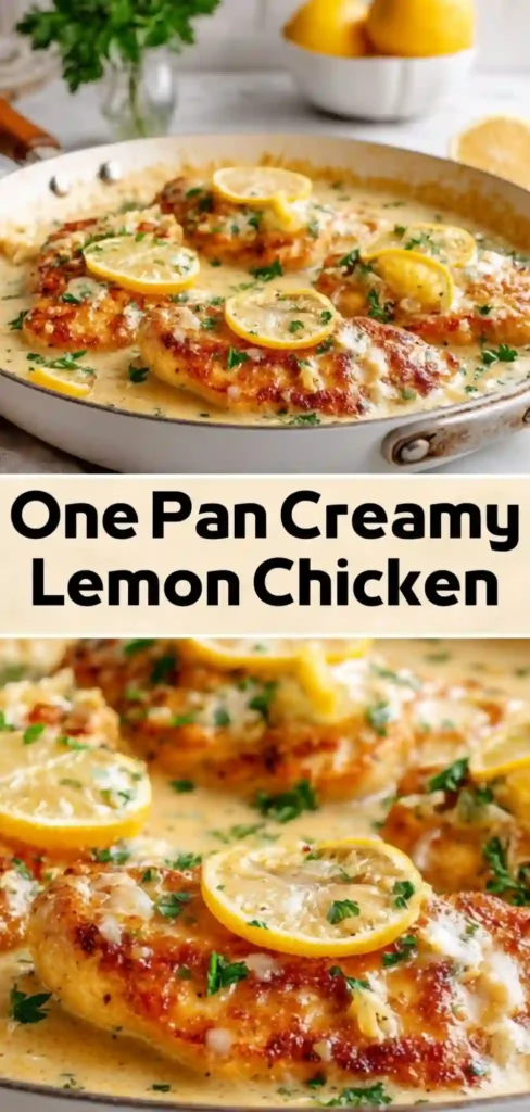 One pan creamy lemon chicken with golden seared chicken breasts, lemon slices, and parsley in garlic cream sauce