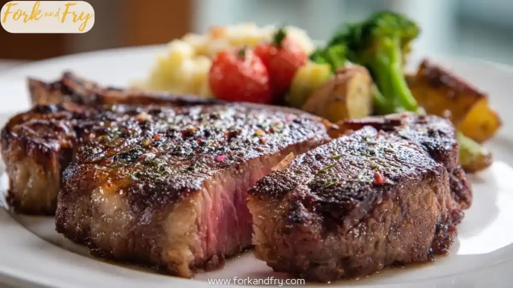 Oven-finished ribeye steak cooked to medium rare with roasted potatoes and vegetables on a white plate
