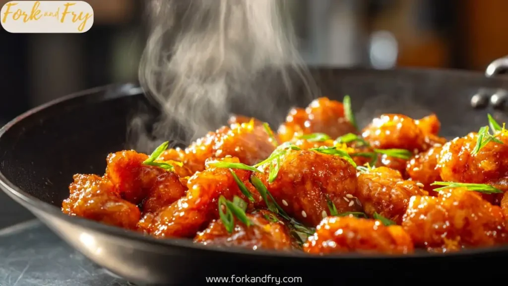 Quick orange chicken in skillet with glossy citrus glaze, sesame seeds, and green onions