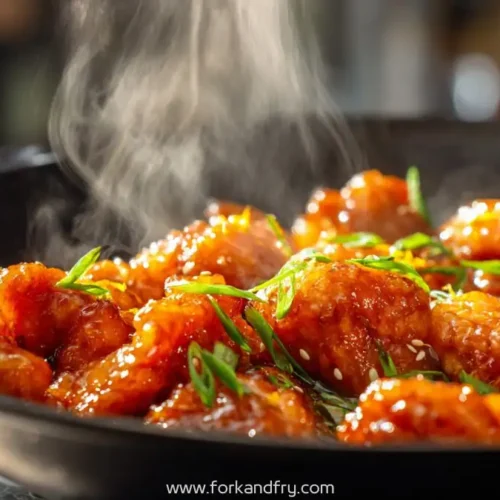 Quick orange chicken in skillet with glossy citrus glaze, sesame seeds, and green onions