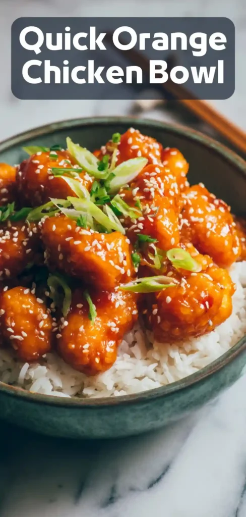 Quick orange chicken bowl with crispy glazed chicken, sesame seeds, green onions, and white rice