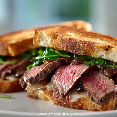 grilled ribeye steak sandwich with melted cheese and arugula on toasted sourdough