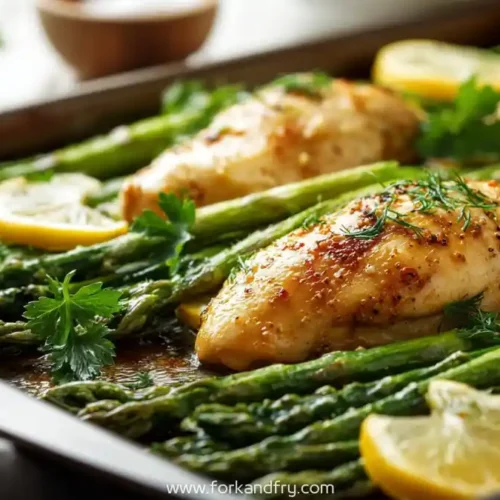 Sheet pan chicken with asparagus and lemon slices roasted with fresh herbs