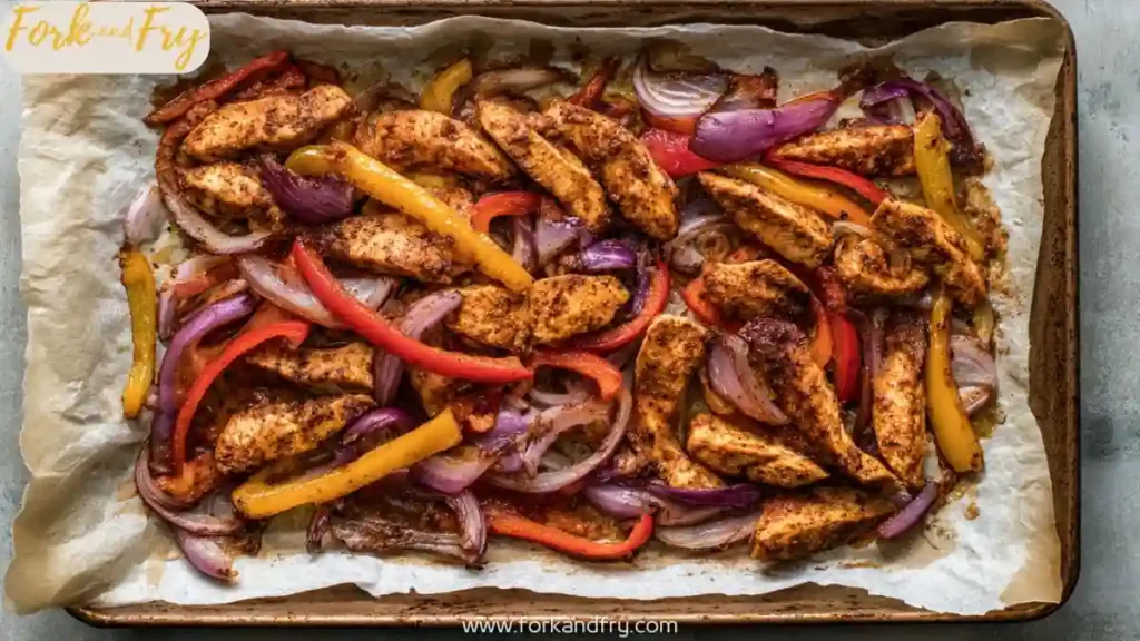 Sheet pan chicken fajitas with bell peppers and red onions roasted on baking tray