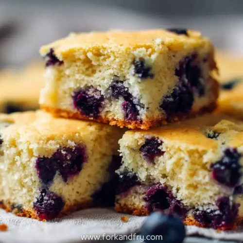 Simple blueberry snack cake squares with fresh blueberries and golden crumb texture