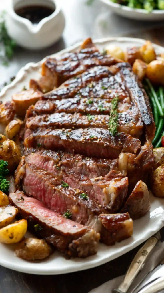Ribeye Steak Platter with Roasted Potatoes and Greens sliced ribeye steak served with roasted potatoes and green beans on a white platter