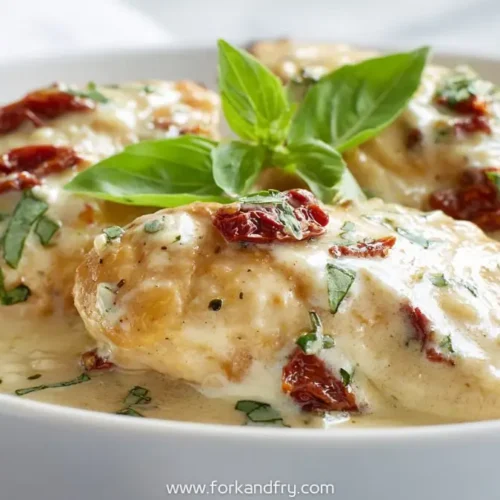 Slow cooker creamy sun-dried tomato chicken with basil garnish in rich garlic parmesan sauce