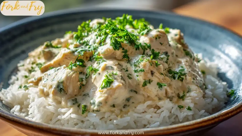 Slow cooker creamy ranch chicken served over white rice, topped with fresh parsley in a rustic bowl