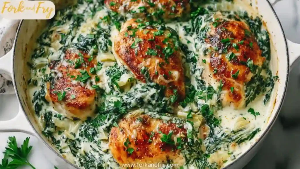 Creamy spinach artichoke chicken skillet with golden seared chicken thighs in parmesan cream sauce