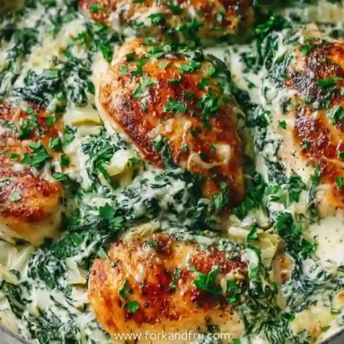 Creamy spinach artichoke chicken skillet with golden seared chicken thighs in parmesan cream sauce