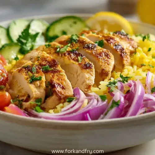 Spring chicken bowl with lemon rice cherry tomatoes cucumber and pickled red onions