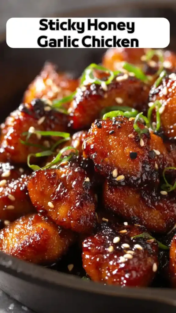 Sticky honey garlic chicken bites glazed in sweet garlic sauce with sesame seeds and green onions
