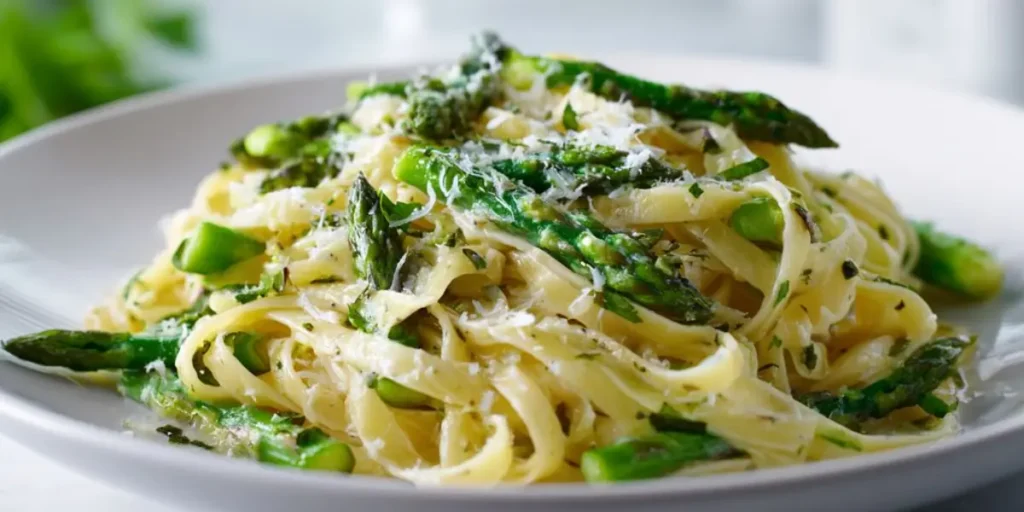 creamy asparagus pasta with parmesan cheese and herbs on white plate