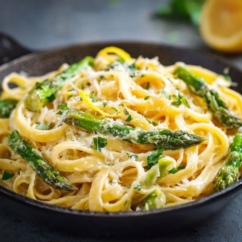 creamy asparagus pasta with parmesan and herbs served in pan close-up