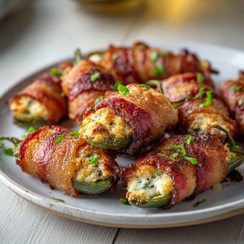 Bacon Wrapped Jalapeño Poppers with Creamy Cheese Filling bacon wrapped jalapeno poppers stuffed with cheese and herbs on plate