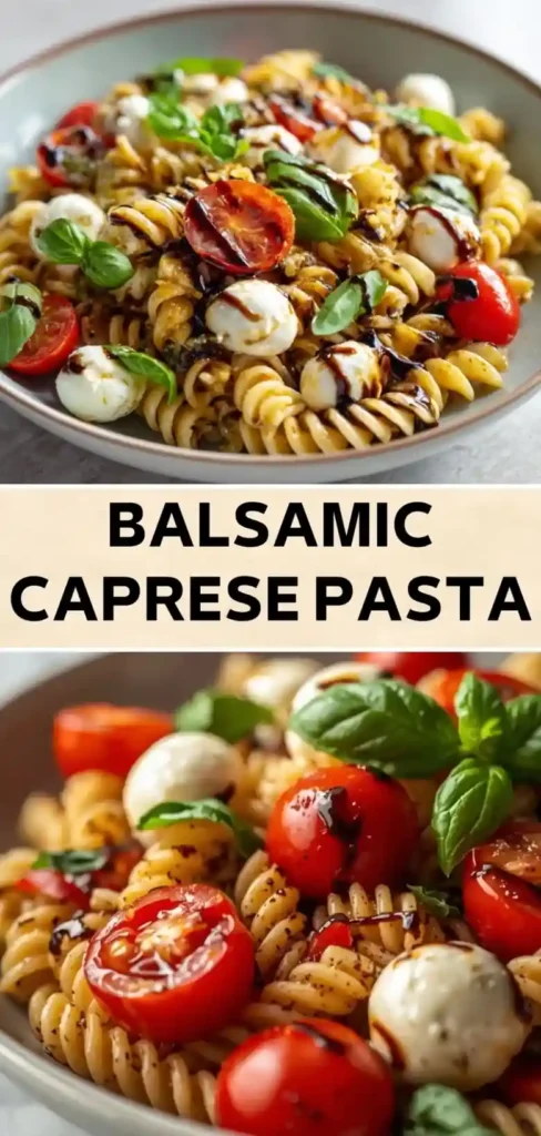 Balsamic Caprese Pasta with Fresh Basil and Mozzarella balsamic caprese pasta with cherry tomatoes mozzarella basil and glaze
