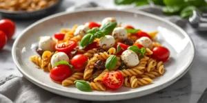 Caprese Pasta Salad with Balsamic Glaze and Mozzarella