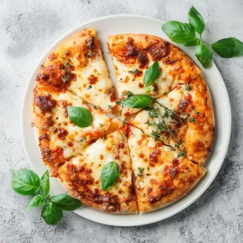 top view margherita pizza with melted mozzarella cheese and fresh basil leaves on white plate
