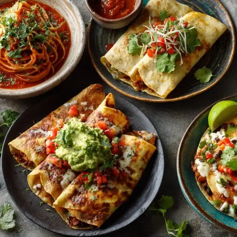 Beef Enchiladas with Guacamole – Easy Mexican Dinner beef enchiladas with guacamole salsa and cheese on plates
