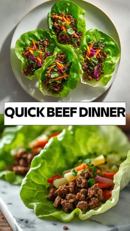 Quick Beef Lettuce Wraps – Easy Low-Carb Dinner Idea quick beef lettuce wraps with seasoned ground beef and fresh vegetables in crisp lettuce cups