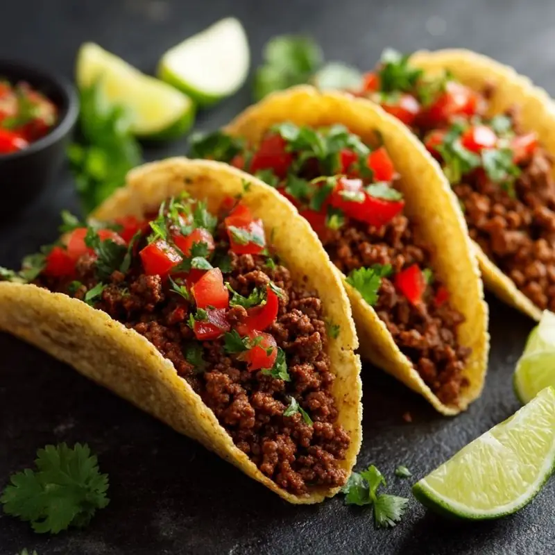 Beef Tacos Close-Up – Juicy & Flavorful Mexican Recipe close up beef tacos with fresh salsa cilantro and lime wedges