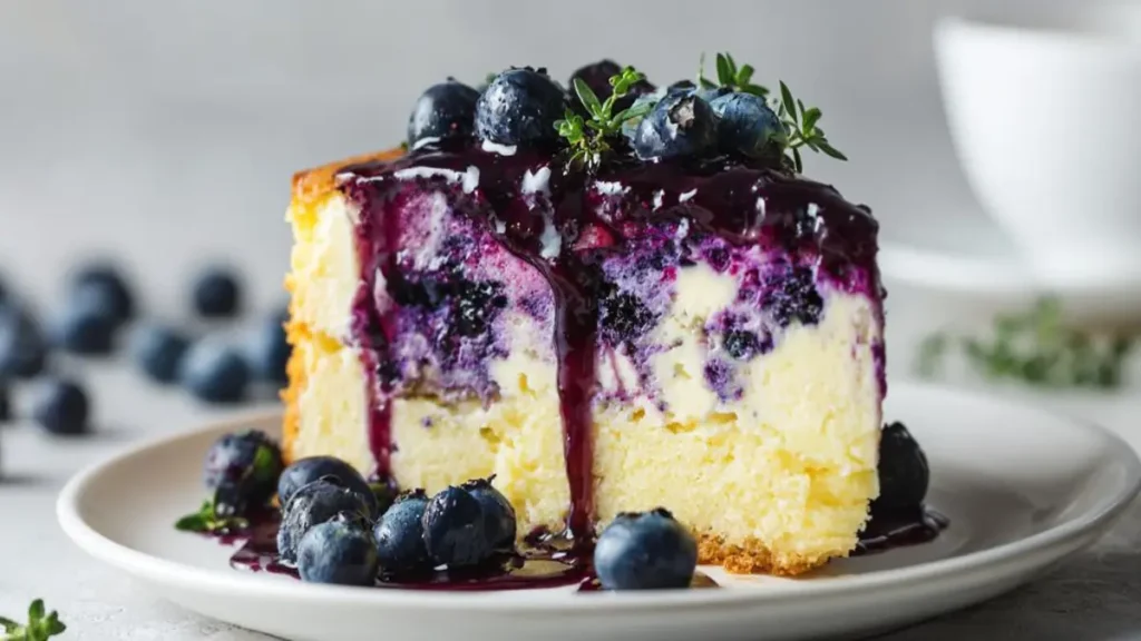 blueberry cheesecake slice with marbled filling and rich blueberry sauce topping on white plate