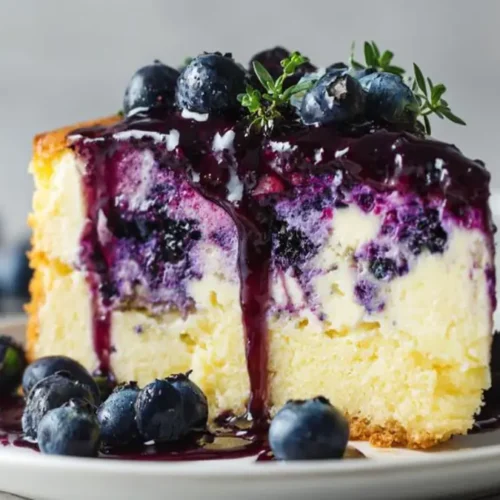 blueberry cheesecake slice with marbled filling and rich blueberry sauce topping on white plate
