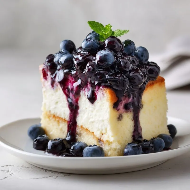 blueberry cheesecake slice topped with thick blueberry sauce and fresh mint on white plate