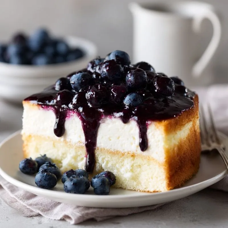 blueberry cheesecake slice with glossy berry topping dripping over creamy layers on white plate