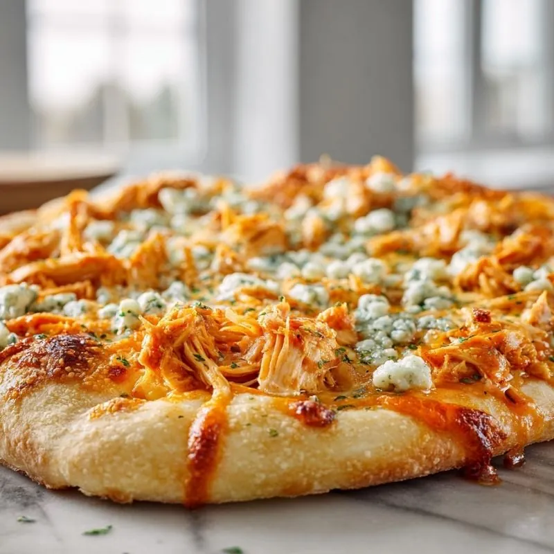 Spicy Buffalo Chicken Pizza with Creamy Blue Cheese Topping Buffalo chicken pizza topped with melted cheese, shredded chicken, and blue cheese crumbles