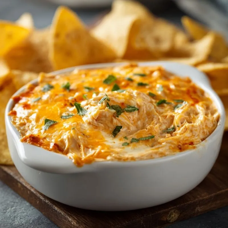 Creamy Buffalo Chicken Dip – Easy Cheesy Appetizer creamy buffalo chicken dip with melted cheese served with tortilla chips