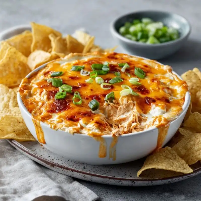 cheesy buffalo chicken dip with melted cheese and green onions served with tortilla chips