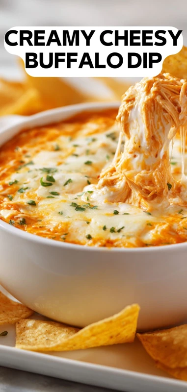 Creamy Cheesy Buffalo Dip – Easy Party Appetizer creamy cheesy buffalo dip with melted cheese and shredded chicken served with chips