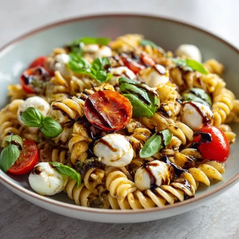 Caprese Pasta Salad with Mozzarella and Balsamic Glaze caprese pasta salad with cherry tomatoes mozzarella basil and balsamic glaze