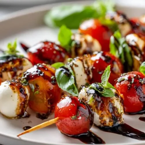 caprese skewers with cherry tomatoes mozzarella basil and balsamic glaze