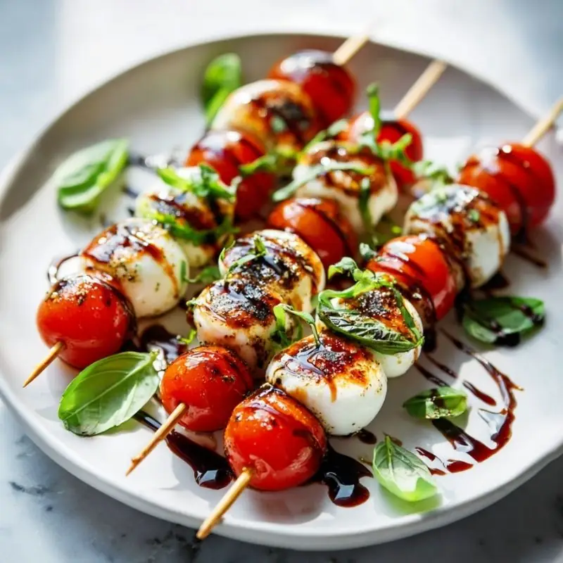 caprese skewers with mozzarella cherry tomatoes basil and balsamic drizzle on plate