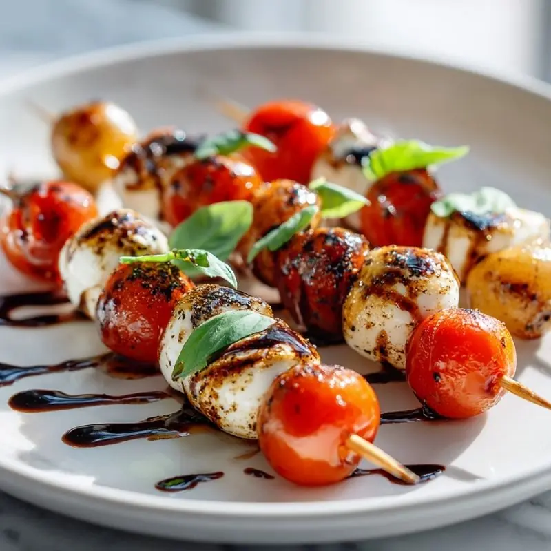 close up caprese skewers with mozzarella cherry tomatoes basil and balsamic glaze