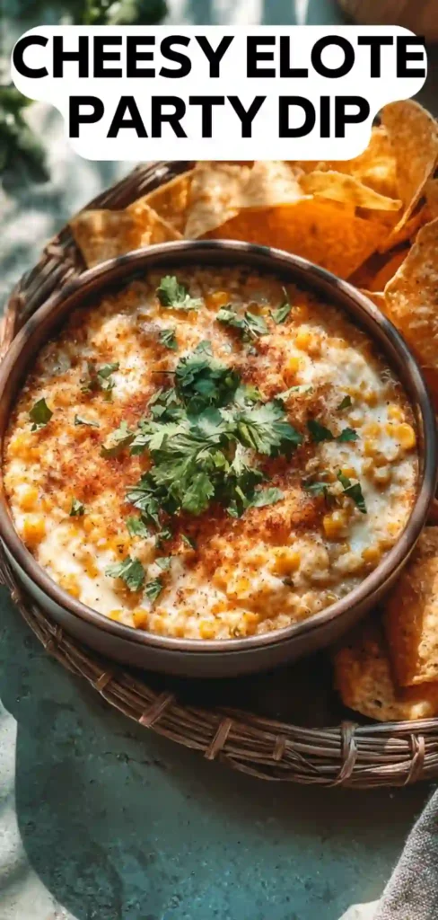 Cheesy Elote Party Dip Recipe with Corn and Chili cheesy elote dip with corn chili seasoning cilantro served with tortilla chips
