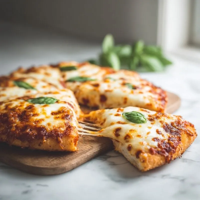 Crispy Margherita Pizza with Melted Mozzarella and Fresh Basil golden crispy margherita pizza slice with melted mozzarella cheese and fresh basil on wooden board